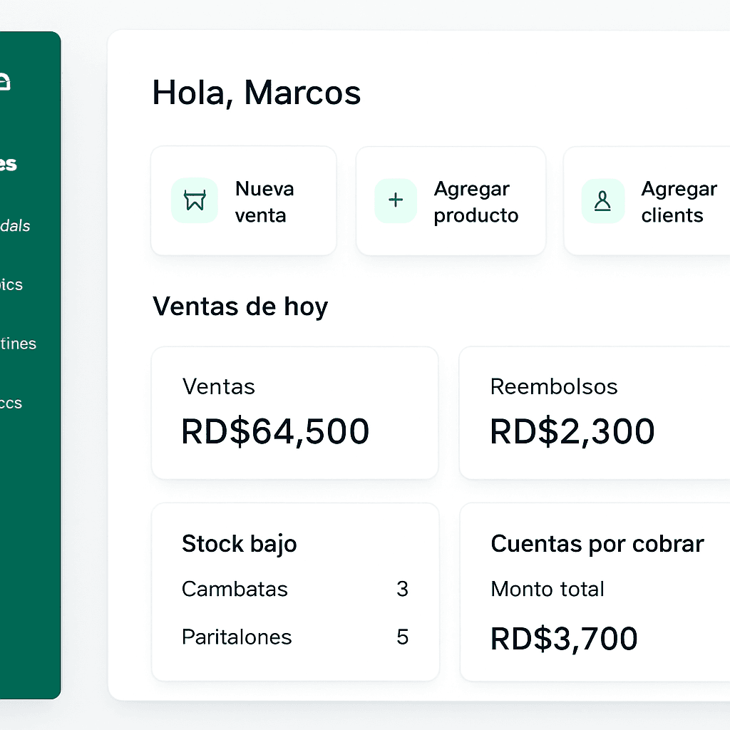 Panel del sistema Azenta mostrando ventas, inventario y cuentas por cobrar