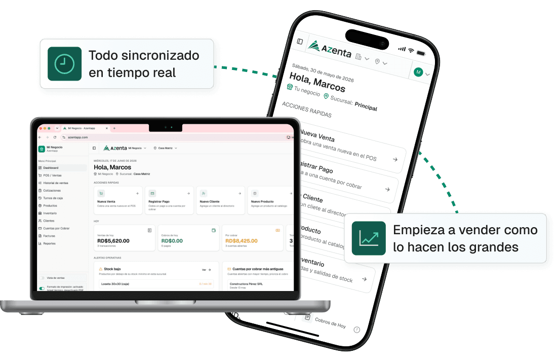Azenta en laptop y celular: dashboard de ventas, inventario, cuentas por cobrar y la app móvil sincronizada